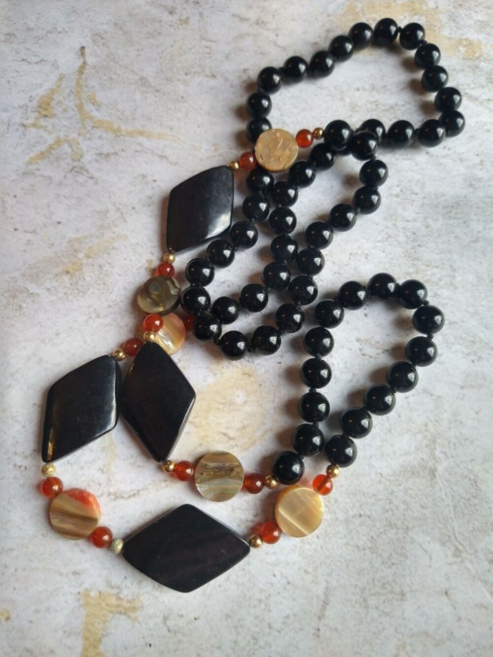 Vintage Black and Orange Bead Necklace Estate Jewelry